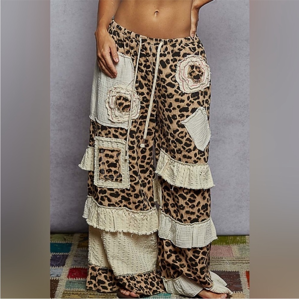 POL Leopard Print Pants with Ruffle Accents